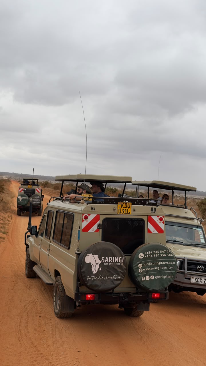 Saringi Tours clients game driving in convoy on red Tsavo tracks